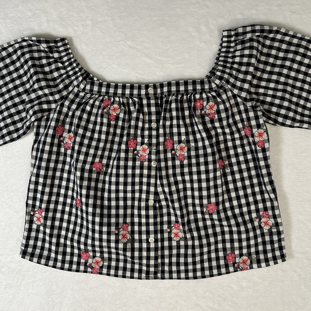 Hollister Gingham Embroidered Off Shoulder Cropped Top Size M Peasant Cottage